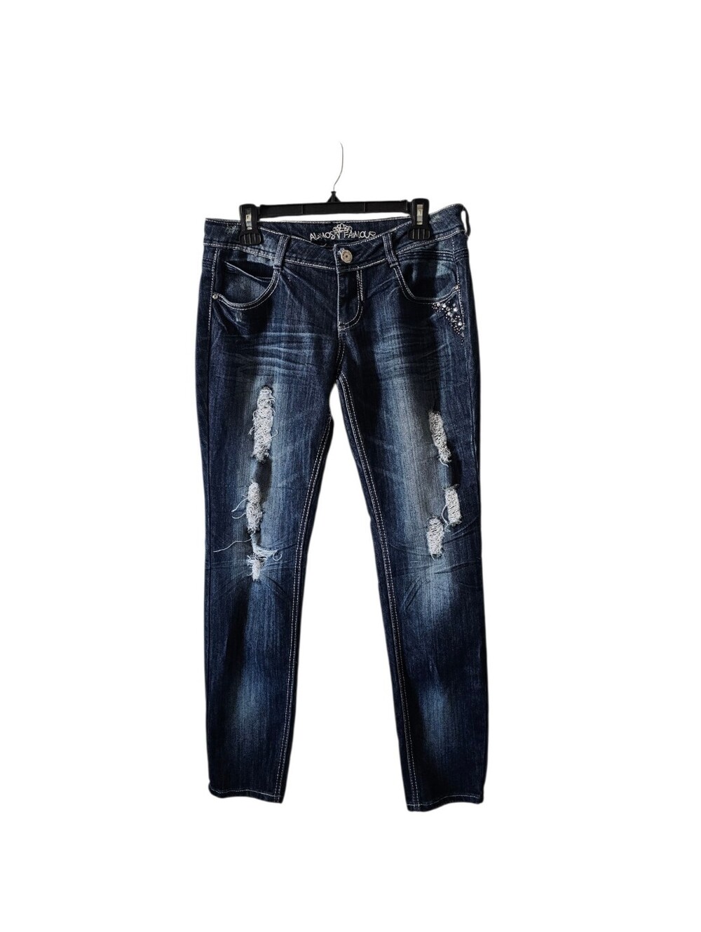 Almost Famous Jeans Sz 11 Distressed Dark Wash Thick Stitch Y2K Low Rise